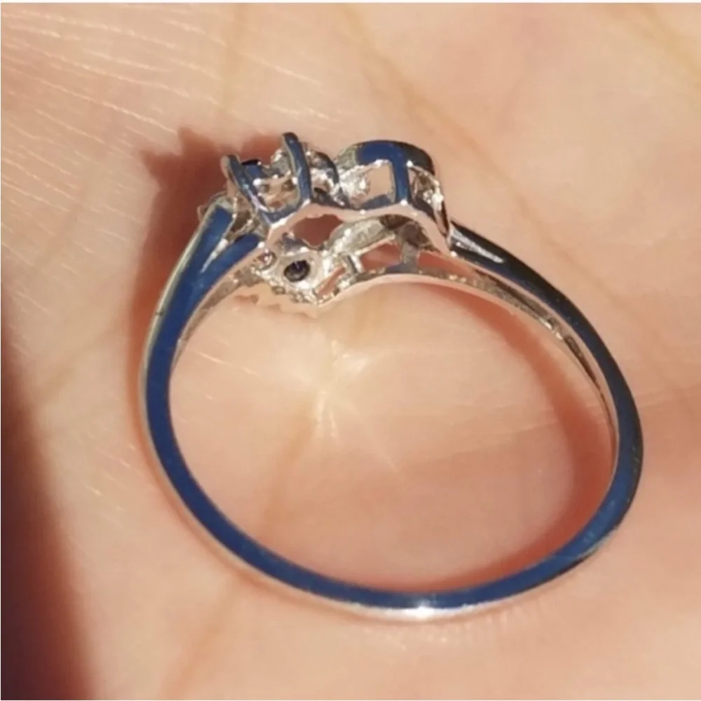 10k Solid White Gold Genuine Blue Sapphire & Simulated Diamond Heart Ring